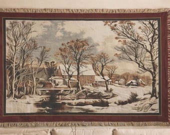 Vintage Goodwin Weavers Winter Village Tapestry Throw Blanket Snow Scene Rustic Farmhouse Cottage USA