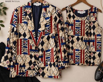 Vintage Bedford Fair Abstract Geometric Blazer & Tank Set – 90s Art Print Jacket USA Made
