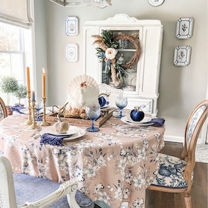 Anemone Garden linen blend fall Thanksgiving tablecloth blue and white - jasmine and anemone botanical