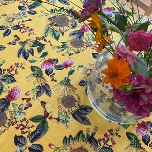 Sunflower Fall Garden Floral Linen Blend Tablecloth 50 x 72 in. Rectangle - orange or yellow - spring decor