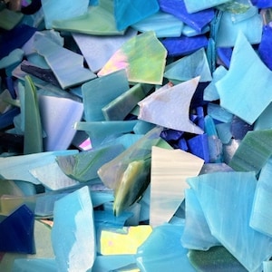 Colored Glass Light Blues Mix - Hand cut from sheet glass-Premium Assortment-fusible, translucent, Dichroic, Mottled, Bullseye