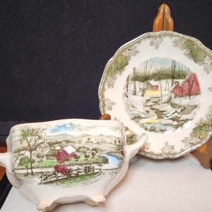 Vintage:  1960s Johnson Brothers Made in England Sugar Dish The Road Home and The Friendly Village Ice House Plate