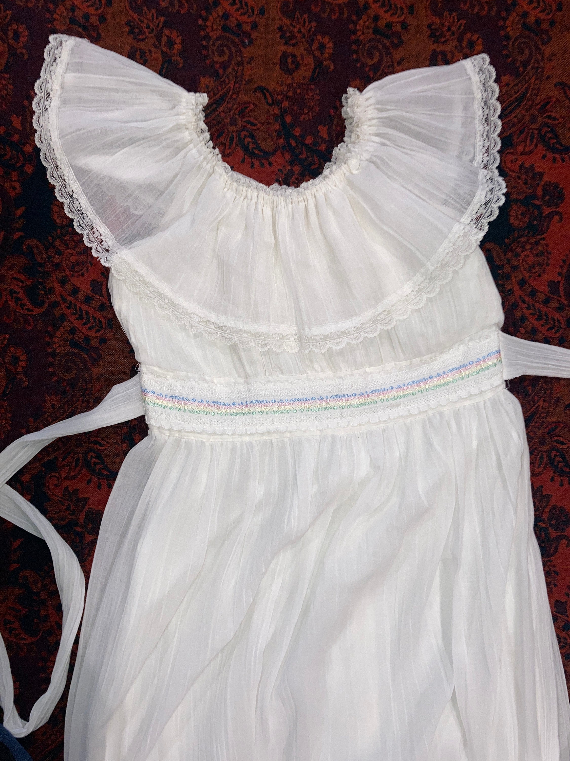 1970's Gunne Sax off the Shoulder White Prairie Dress With Pastel ...