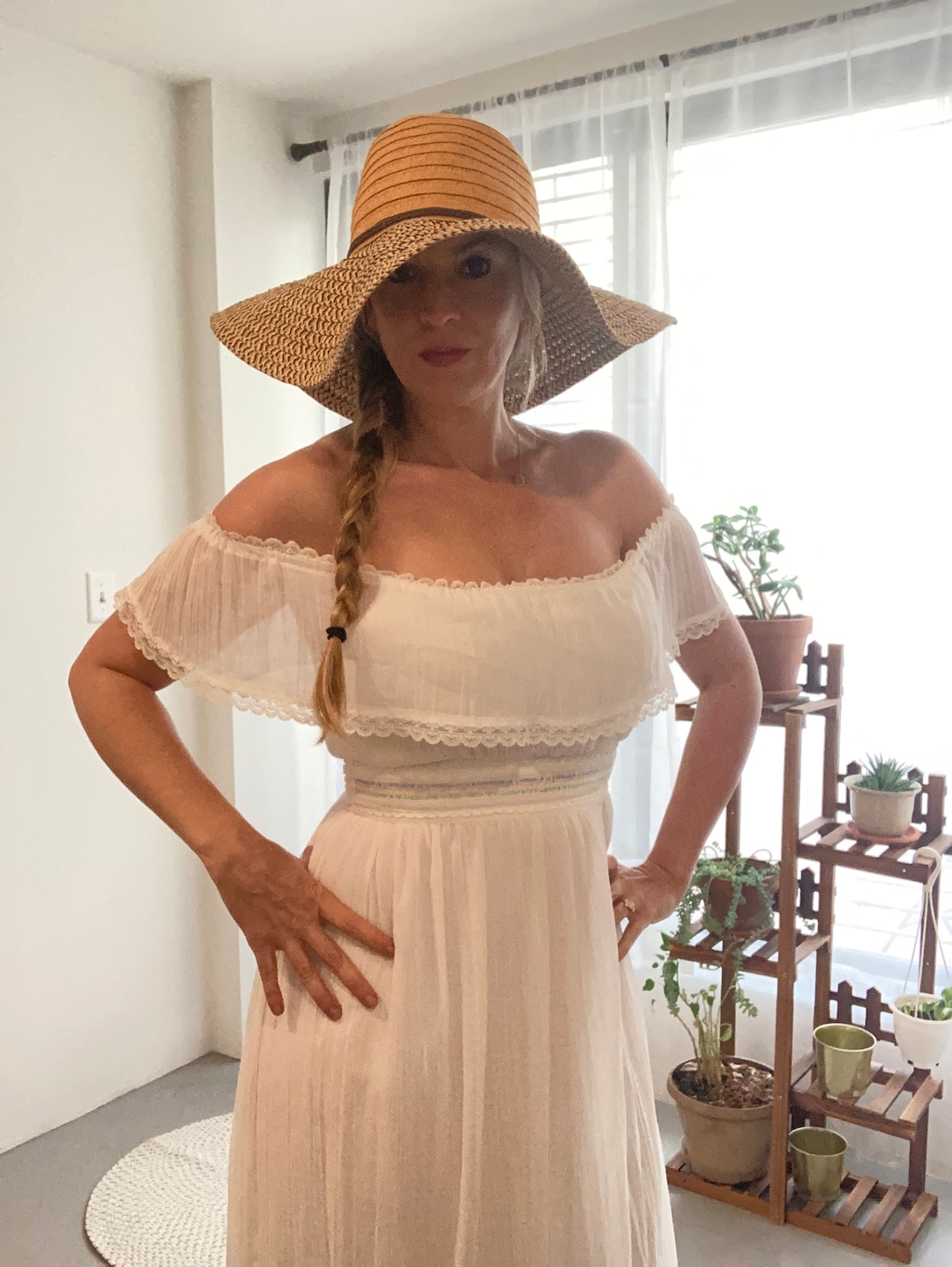 1970's Gunne Sax off the Shoulder White Prairie Dress With Pastel ...