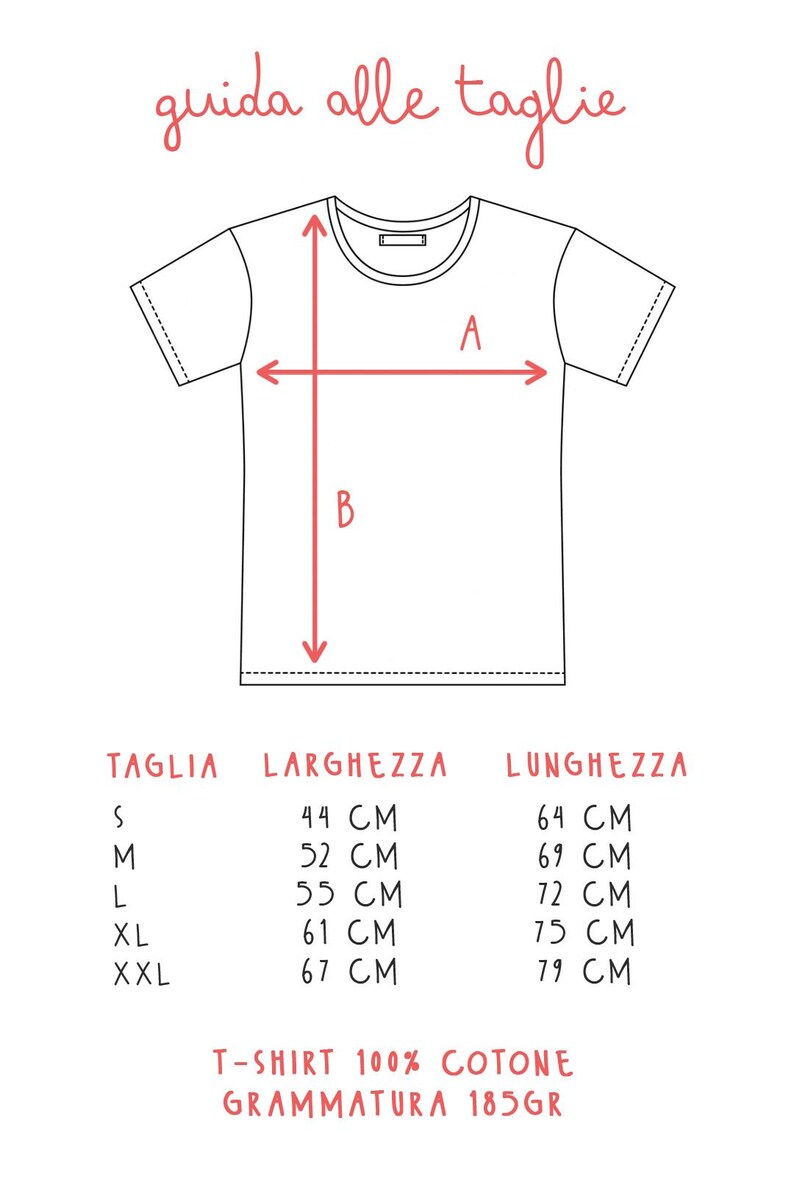 May include: A size chart for a t-shirt with measurements in centimeters for width and length. The chart includes sizes S, M, L, XL, and XXL. The t-shirt is made of 100% cotton with a 185 gram weight.
