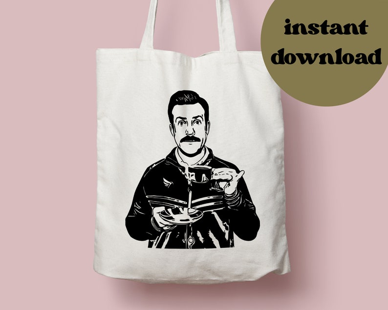 May include: A black and white tote bag featuring a drawing of a man with a mustache holding a cup of coffee. The man is wearing a jacket with a zipper and a striped pattern. The text "instant download" is in the upper right corner of the image.