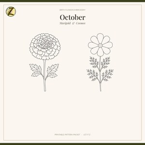 Peut inclure: Un motif de broderie au trait noir et blanc avec le texte Birth Flower Embroidery, October, Marigold & Cosmos. Le design présente une fleur de souci détaillée et une fleur de cosmos avec des tiges et des feuilles sur un fond clair.
