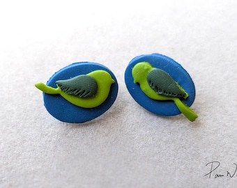 Cute green birds mismatched stud earrings: clay jewelry for bird lovers and bird watchers!