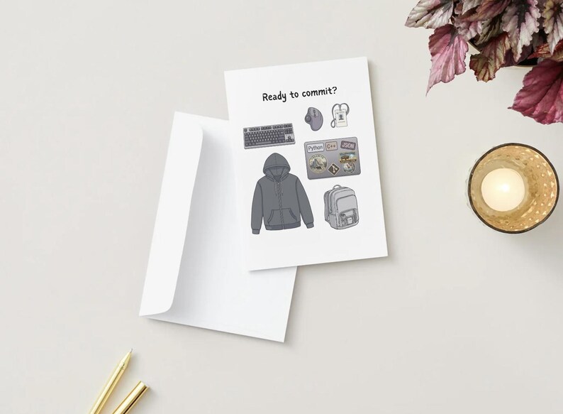 Peut inclure: Une carte de v&oelig;ux blanche avec le texte Ready to commit? et des illustrations d'un sweat &agrave; capuche gris, un clavier, une souris, un ordinateur portable avec des autocollants, un sac &agrave; dos et un badge. La carte est accompagn&eacute;e d'une enveloppe blanche.