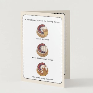 May include: A folded greeting card with a cream background and a dashed black border. The text reads A Developer's Guide to Coding Styles, Object-Oriented, Multi-Dimensional Arrays, and It works on my machine, accompanied by three cake illustrations.
