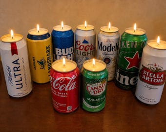 Lata de cerveza, lata de refresco, velas de soja, novedad, reciclaje, regalo, regalo para él, regalo para ella, brote, etiquetas personalizadas