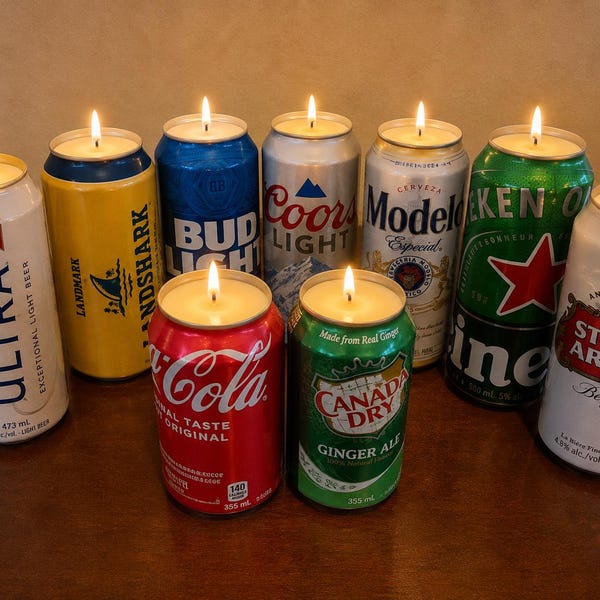 Lattina di birra, lattina di soda, candele di soia, novità, riciclo, regalo, regalo per lui, regalo per lei, germoglio, etichette personalizzate