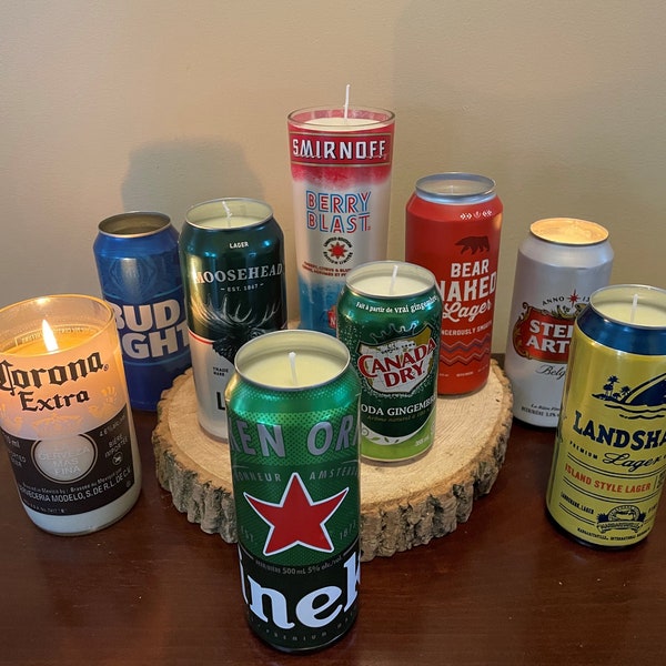 Canette de bière, canette de soda, bougies de soja, nouveauté, recyclage, cadeau, cadeau pour lui, cadeau pour elle, bourgeon, étiquettes personnalisées