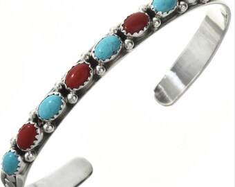 Turquoise Coral Silver Ladies cuff bracelet