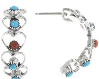 Zuni Turquoise Coral Silver half hoop earrings