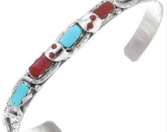Turquoise & Coral Silver snake bracelet