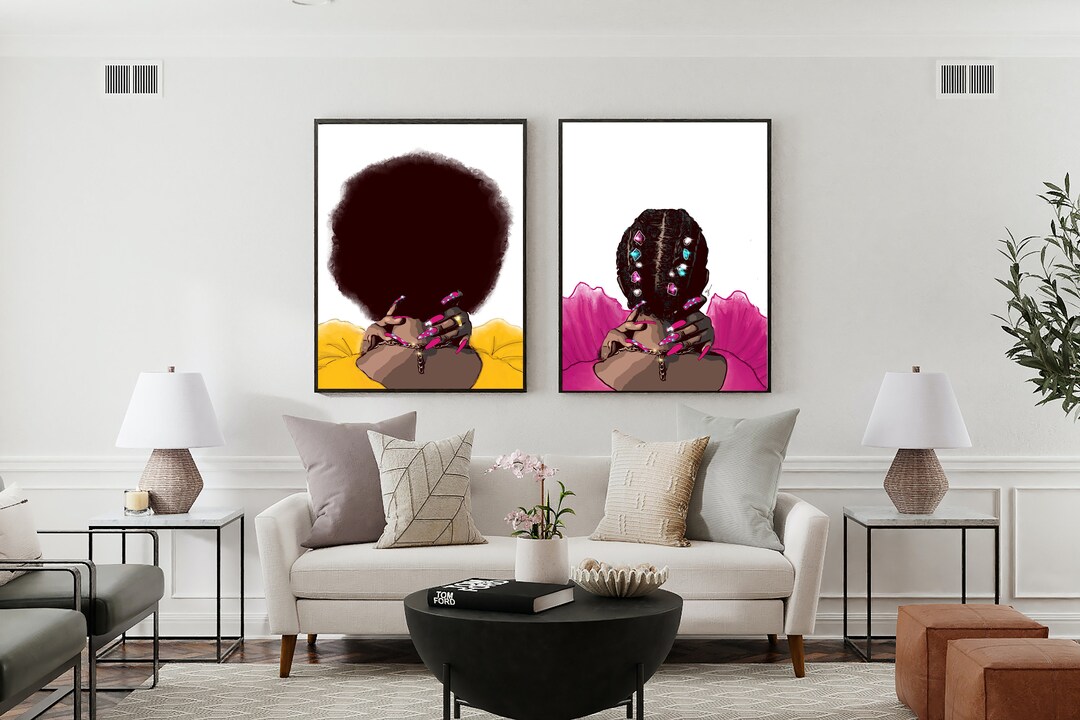 Black Art Set of 2 Living Room Wall Art Print Black Hair Art Digital ...