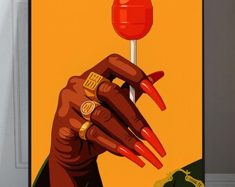 Sukkels en nagels Black girl candy art matte verticale posters, wanddecoratie Afro-Amerikaanse vrouw, kunst uit de jaren 70