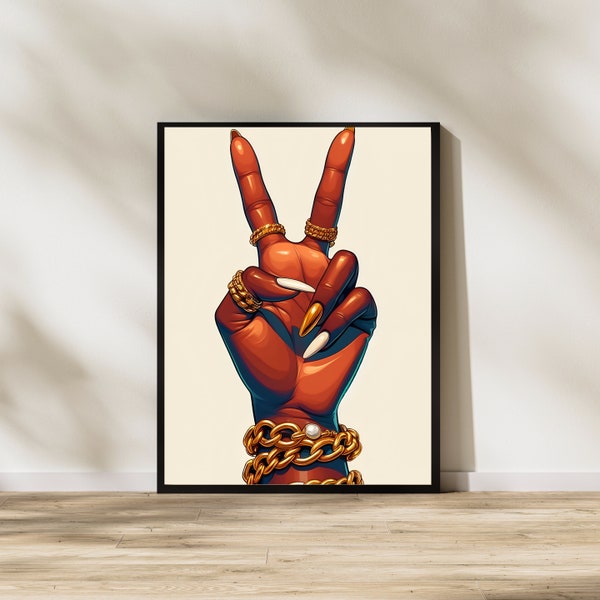 Throwing up the peace sign digital black art perfect for nail salon hair salon living room dorm room teenage bedroom wall art gallery