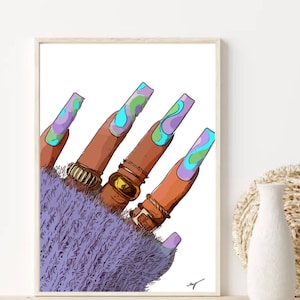 Purple fur and nails digital print- black nail salon art for nail art for nails salon black wall art heels