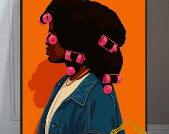 Hair Rollers Black Girl Art Orange color art Matte Vertical Posters, African American Woman Wall Decor, 70s art