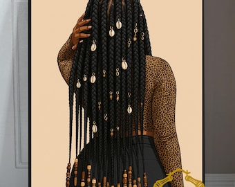 Lámina artística de trenzas y cuentas para chica negra / Arte de pared con trenzas de cabello natural / Póster de cabello afroamericano / Decoración para habitación de chica de melanina / Afrocentrista