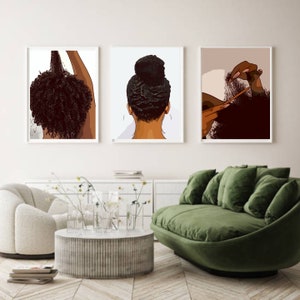 Black girl hair set of 3- natural hair art, Afro girl art, hot comb, black hair salon art,curly hair, digital art, gift for mom gallery wall