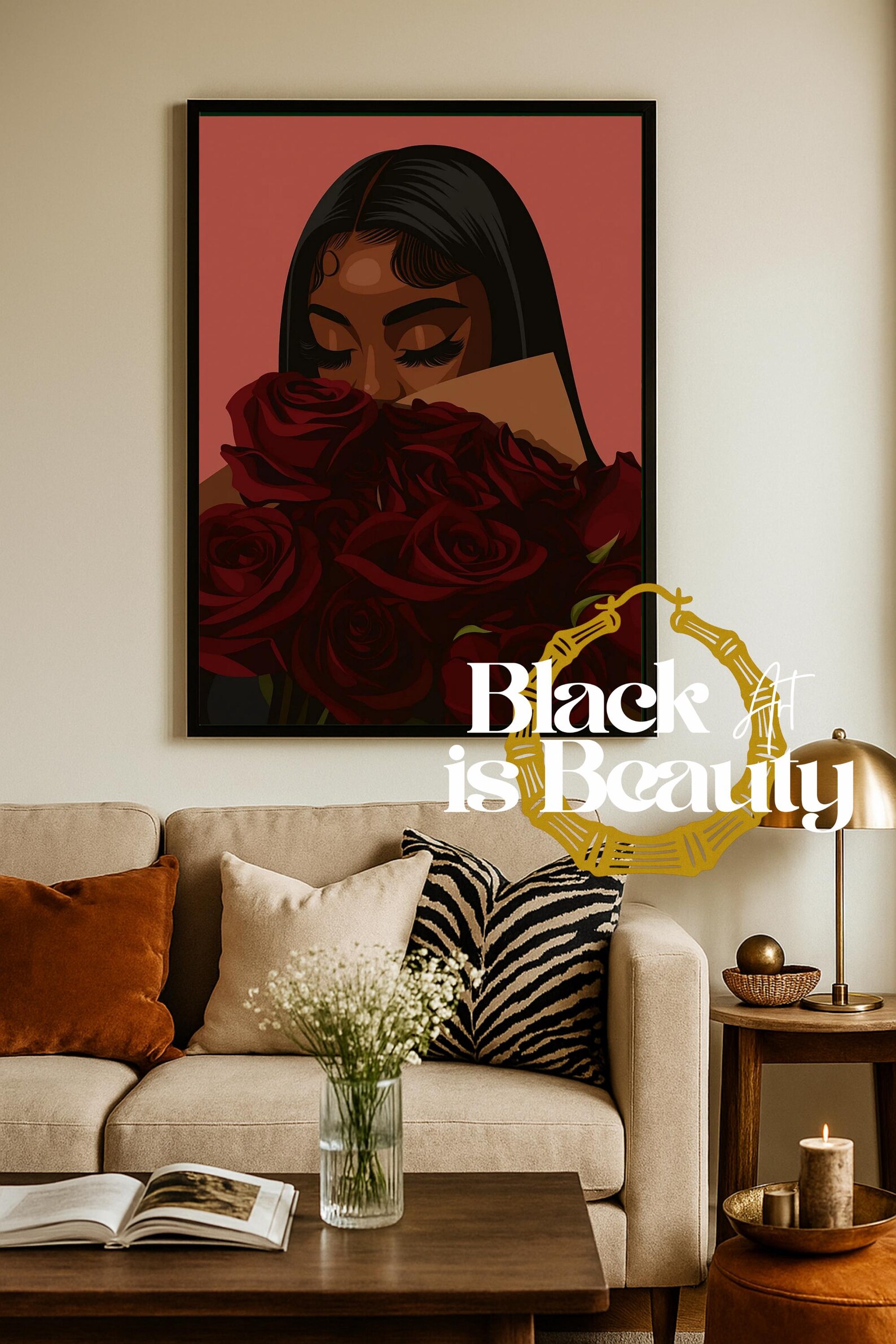 Red Roses Art Black Girl Flower Art Matte Vertical Posters, African ...