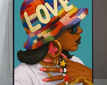 Póster vertical mate con diseño de moda de una chica negra con un sombrero colorido, decoración de pared con una mujer afroamericana, arte de los años 70