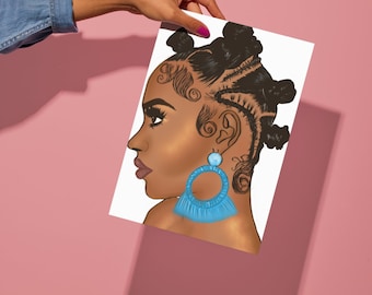 Bantu Knots and side profiles digital art, black hair art, braids, African hairstyles, Afro, hair salon art, black hair wall art