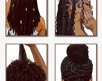 Black hair set of 4 digital download art print, black art, black girl art, Afro art, braids art, nails art, wall art, gallery wall art