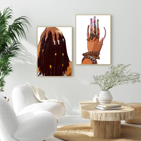 Locs and nails set of 2 digital art - black girl hair art, black art, dreadlocks art, nails art set, nails art, nail salon art, hair salon