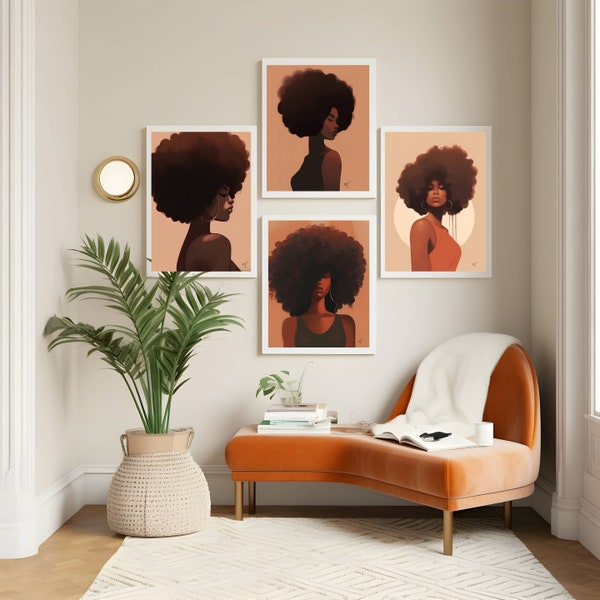 Ensemble de 4 cheveux afro de fille noire, art de cheveux naturels, art de fille afro, peigne chaud, art de salon de coiffure noir, cheveux bouclés, art numérique, mur de galerie