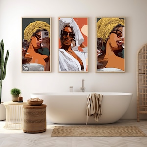 Bathroom black art set of 3 - bedroom art digital, home decor wall gallery,black art prints, black hair art, locs, office,gift for her,moms