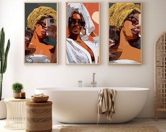 Bathroom black art set of 3 - bedroom art digital, home decor wall gallery,black art prints, black hair art, locs, office,gift for her,moms