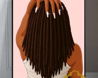 Locs pink color art Black Girl nails art Matte Vertical Posters, African American Woman Wall Decor, 70s art