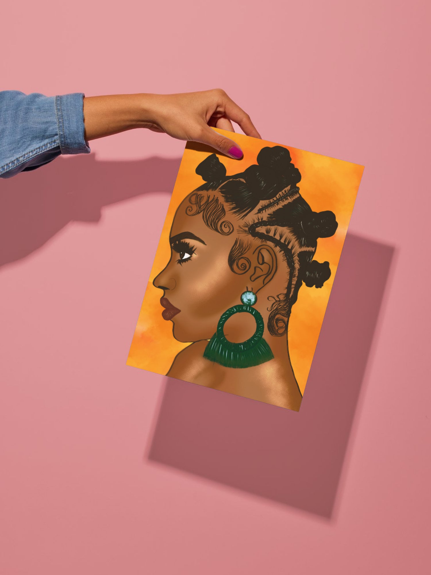 Bantu Knoten und Seitenprofile orange digitale Kunst, schwarze Haarkunst, Zöpfe, afrikanische Frisuren, Afro, Friseursalons, schwarze Haarwandkunst