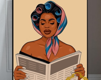 Whats the news Black girl newspaper art Matte Vertical Posters, African American Woman Wall Decor, 70s art