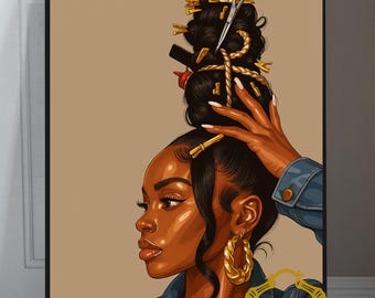 Estilista de cabello afro, arte de moda para chicas negras, arte en tonos tierra, pósteres verticales mate, decoración de pared para mujeres afroamericanas, arte de los años 70