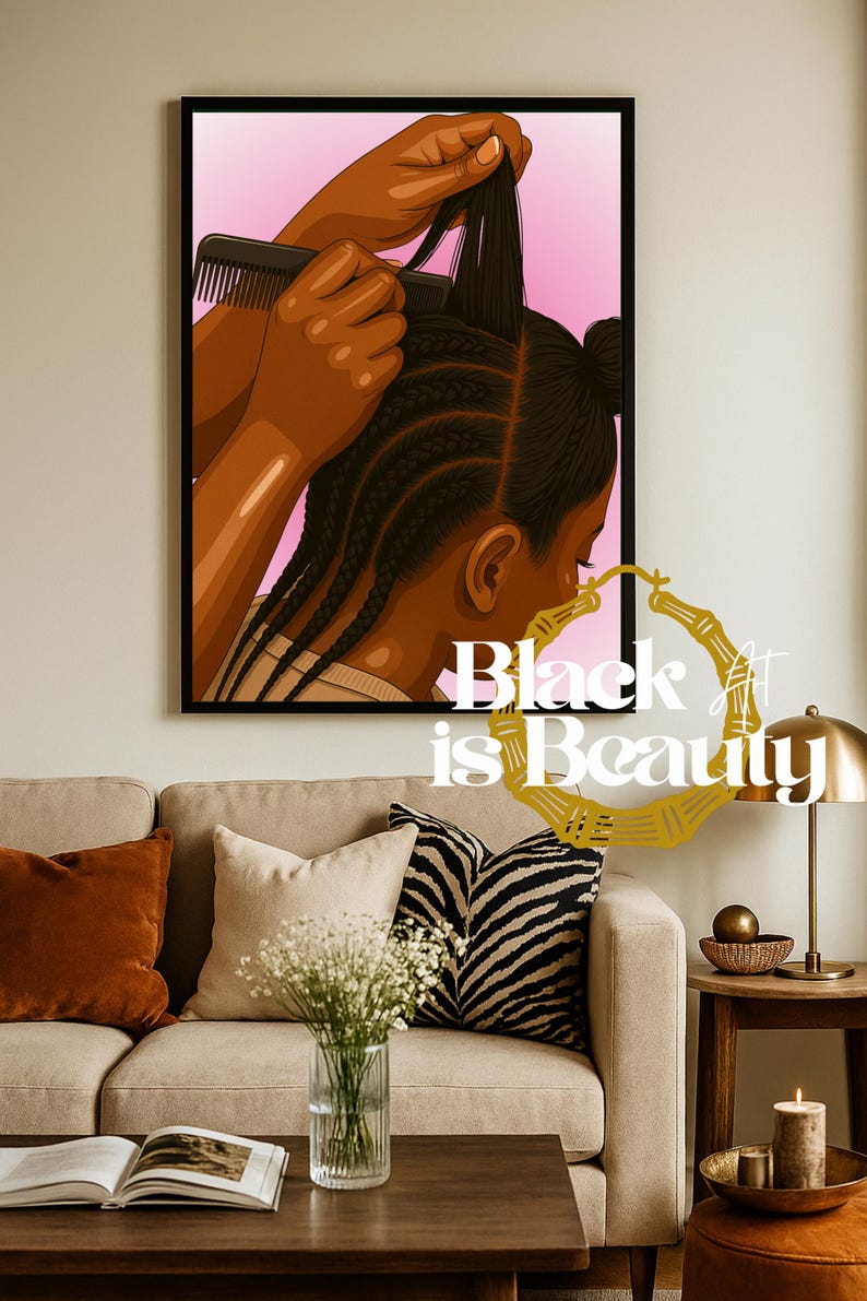 Arte de trenzado de cabello negro: decoración de salón, pieza de conversación nostálgica imagen 2