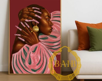 Crowned in Grace -Black Woman Art Print, Afro Bohemian, Burgundy Brown Poster