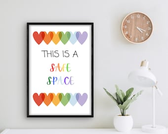 Dit is een veilige ruimte, counselingmuurkunst, therapiekantoor, counselingdecor