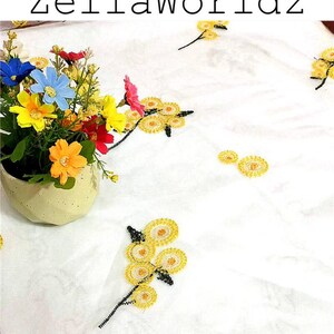 Yellow Floral Embroidered Tulle Fabric: 3D Flower Mesh, Sewing Material