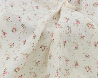 Floral Double Gauze Fabric: 100%Cotton, Pink Flowers Print Cotton Muslin, Sewing Craft Material