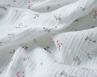 Floral Cotton Double Gauze Fabric: Pink Flowers, Soft Muslin