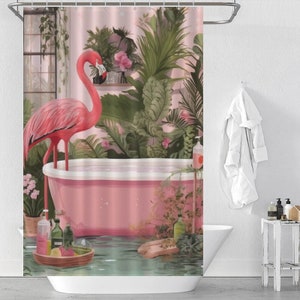 Flamingo Badezimmer Duschvorhang: Tropisches Pflanzendekor, wasserdichtes Polyester