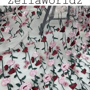 Floral Embroidered Tulle: Pink Red Rose Lace Mesh, DIY Dresses Fabric