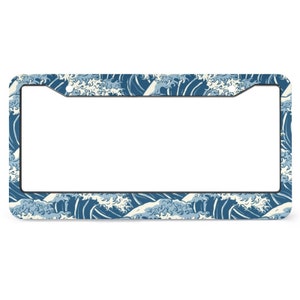 Personalise Ocean Waves Pattern License Plate Frame, Aluminum License Plate Cars Decor with Screw Caps, Fits Standard US Vehicles Size