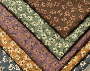 May include: Assortment of fabric swatches in various colors, including brown, green, purple, and gold. Each swatch features a repeating floral pattern with white daisy-like flowers and green leaves. The text "ZellaWorldz" is at the top.
