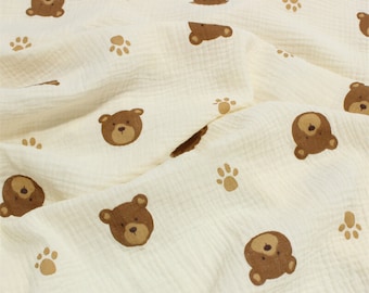 Tecido de gaze de algodão duplo, gaze de garra de cabeça de urso estampada, tecido enrugado de musselina 100% algodão, material de pano para bebê